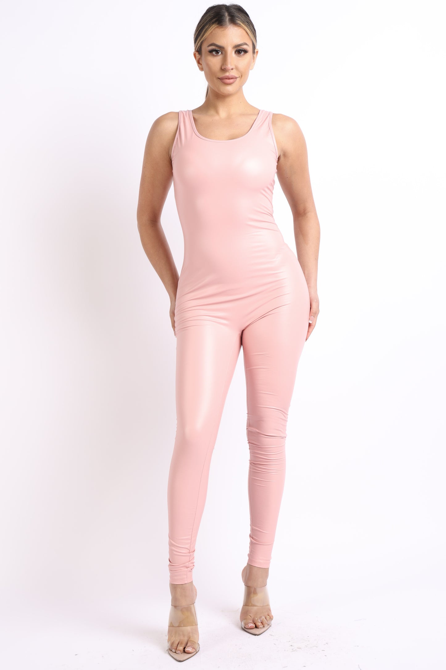 Jumpsuit Sexy Bodycon Sleeveless Faux Leather Matte PU Tank One Piece Playsuit Catsuit