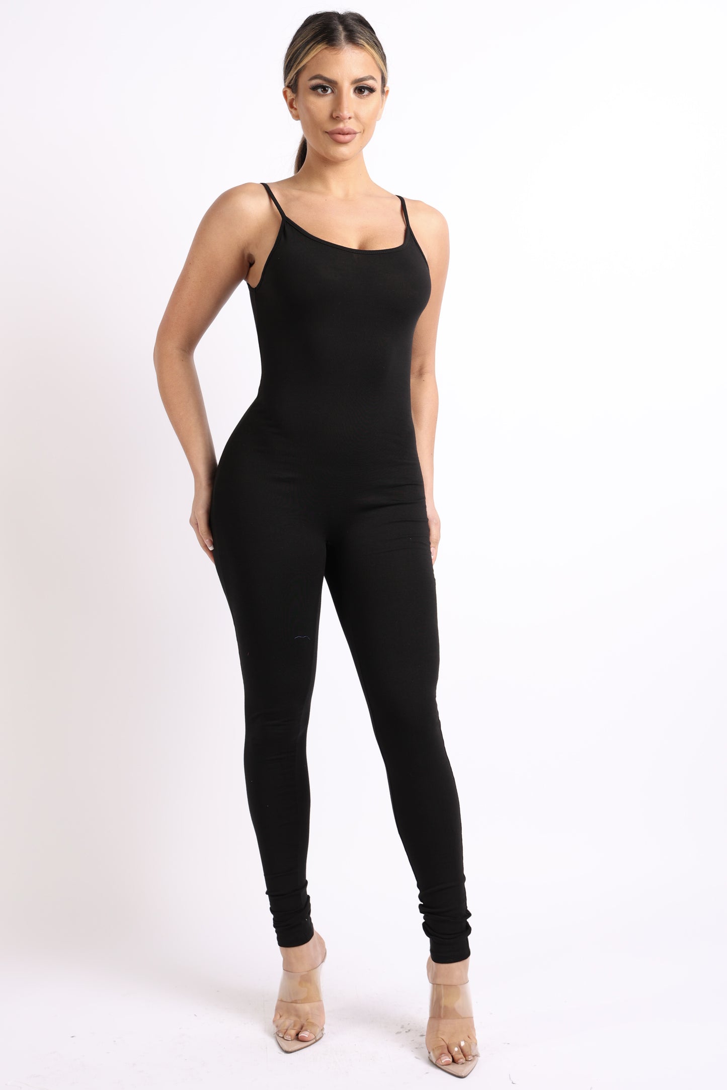 black spaghetti tank sleeveless bodycon jumpsuit entire view