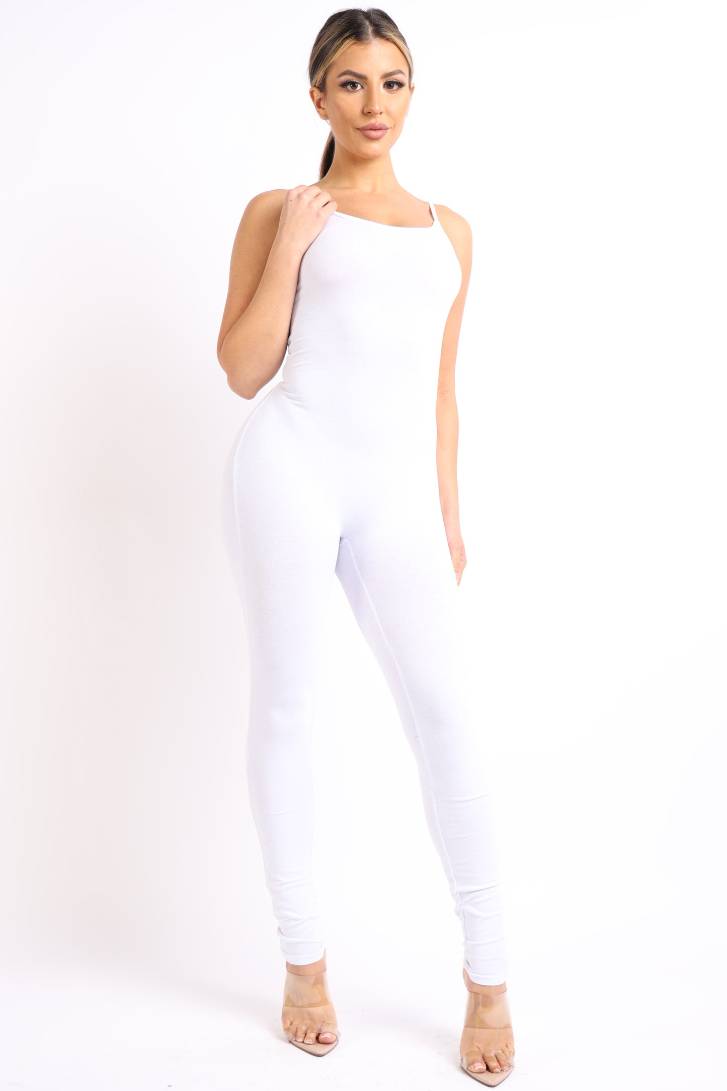 white spaghetti tank sleeveless bodycon jumpsuit front