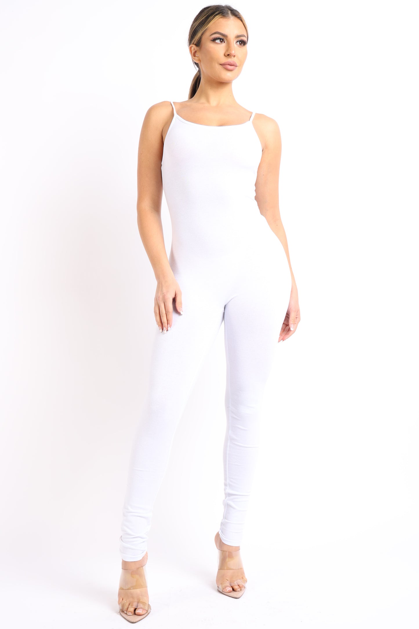 white spaghetti tank sleeveless bodycon jumpsuit front slightly lower angle