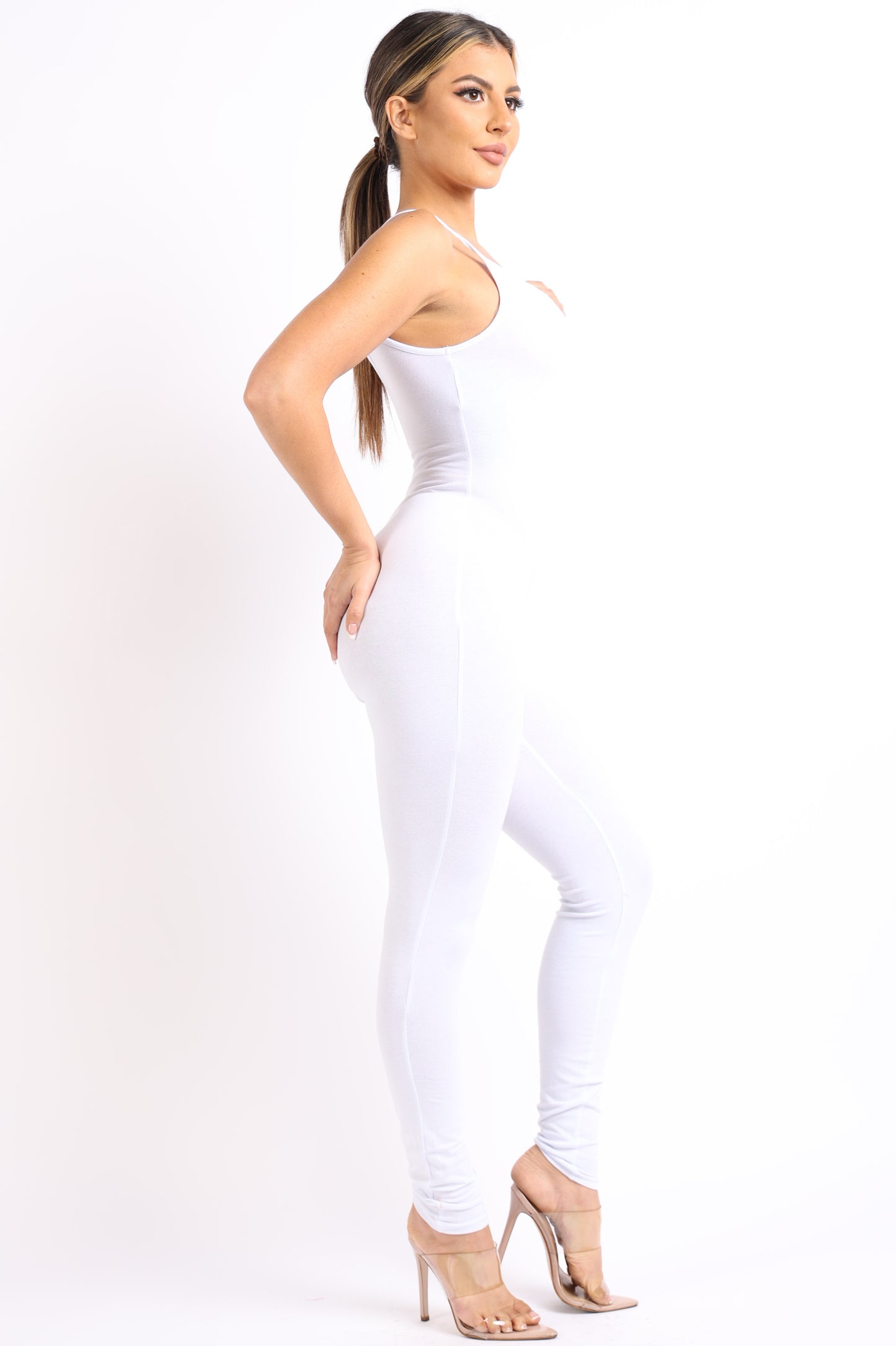 spaghetti tank sleeveless bodycon jumpsuit right side hand behind