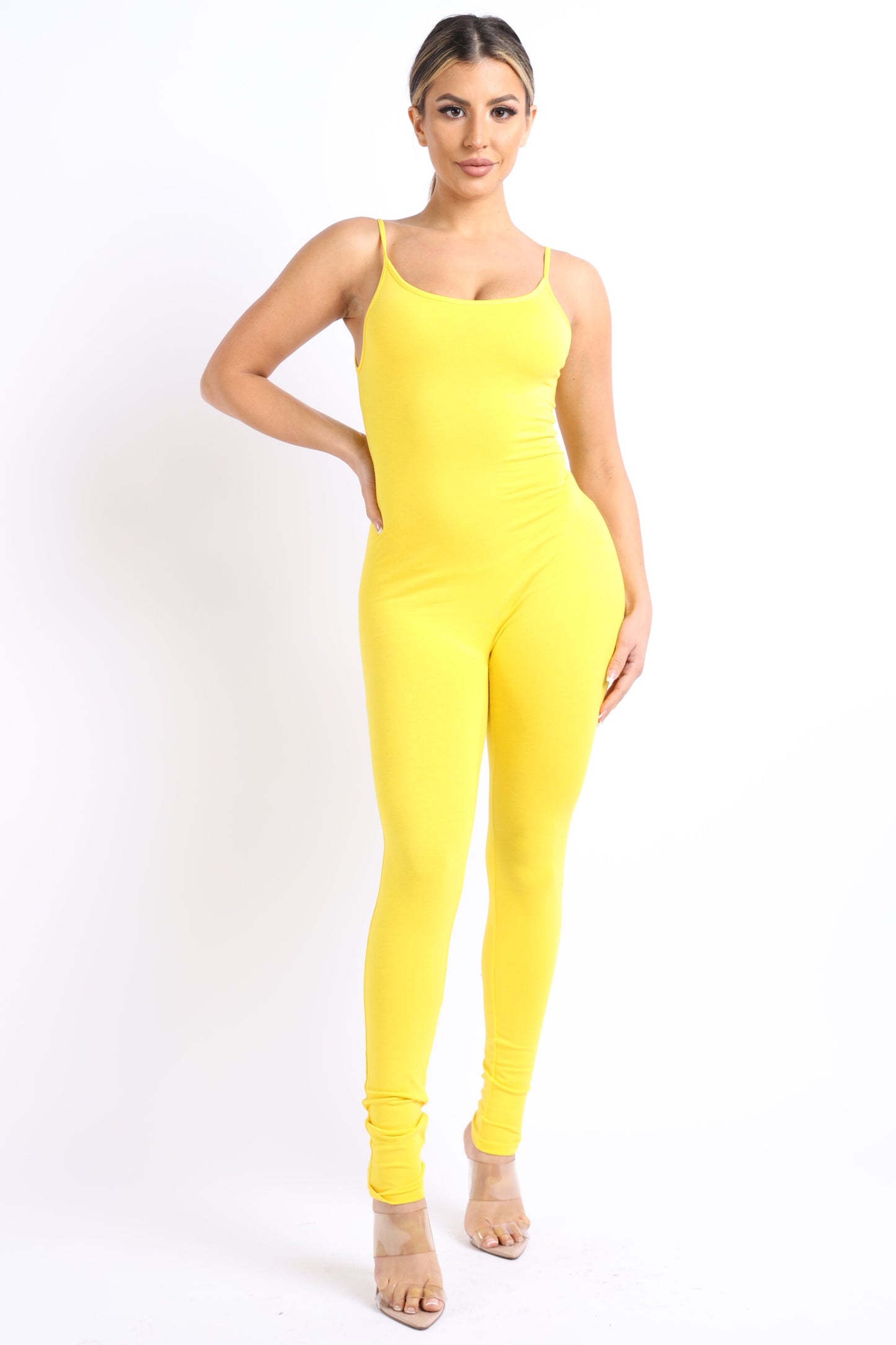 yellow spaghetti tank sleeveless bodycon jumpsuit frontal view