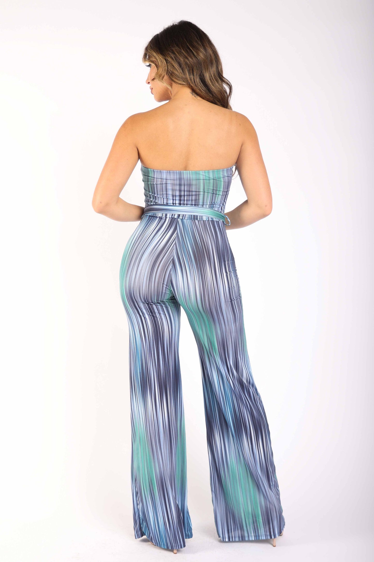 Printed tube jumpsuit with self belt