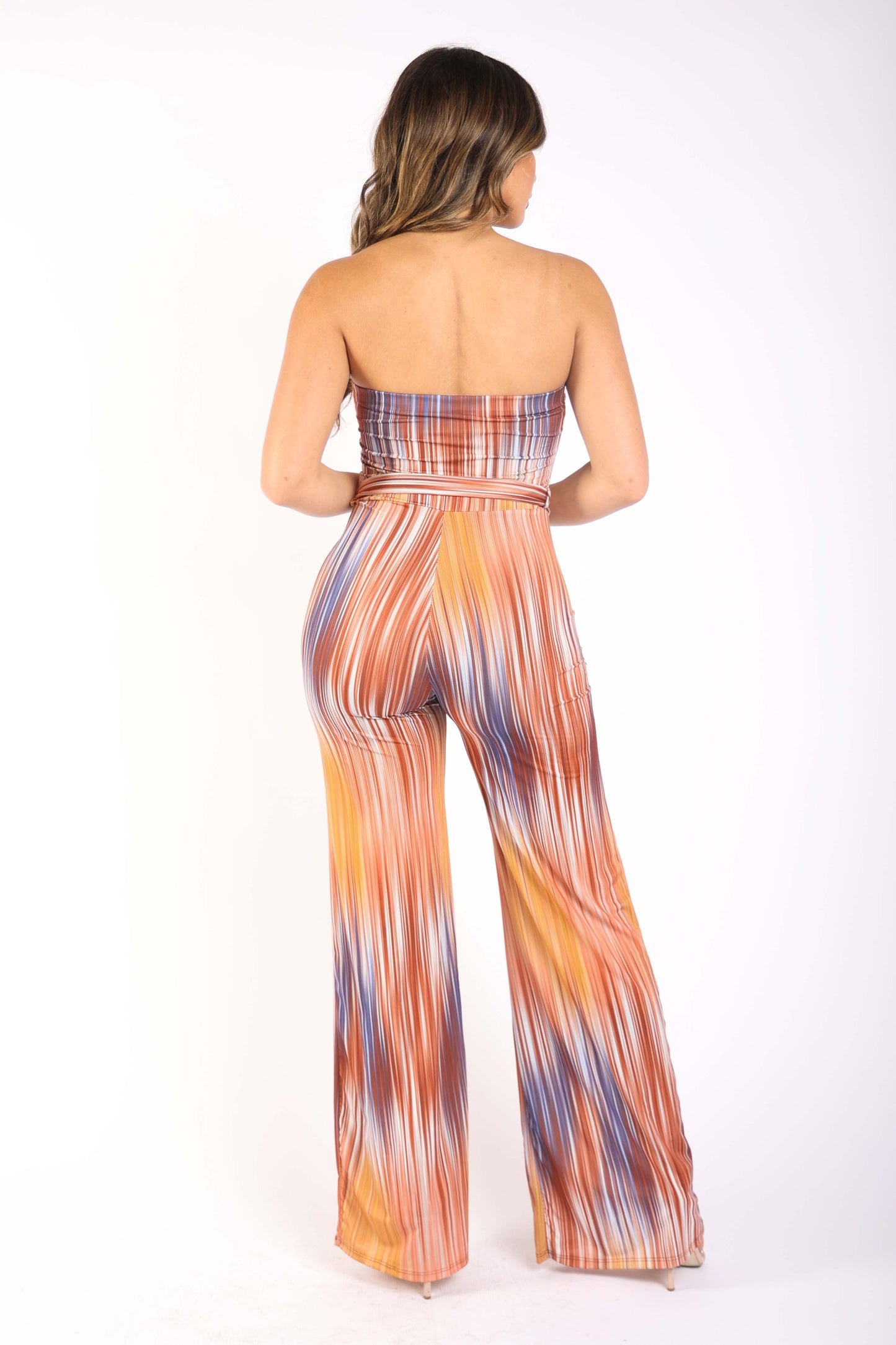 Printed tube jumpsuit with self belt