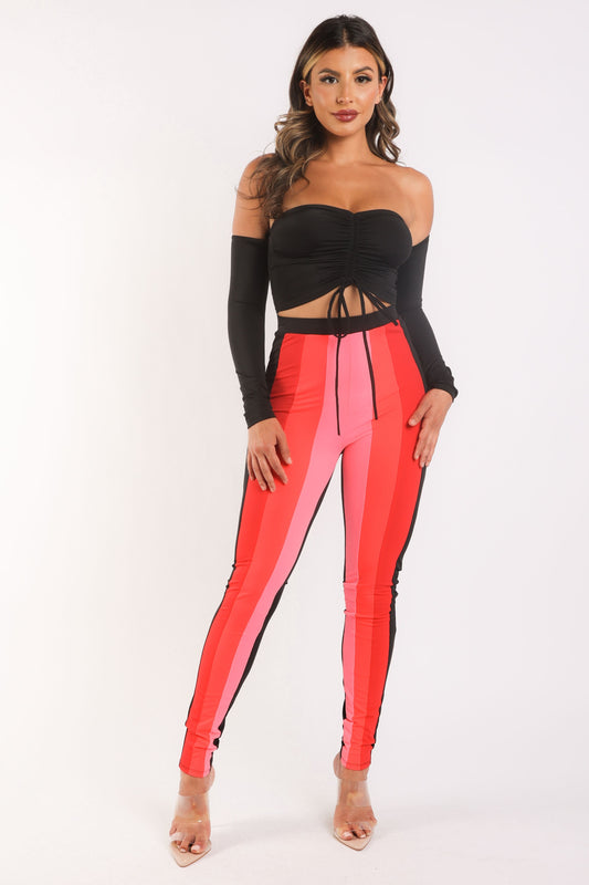 Color blocked leggings and off shoulder top