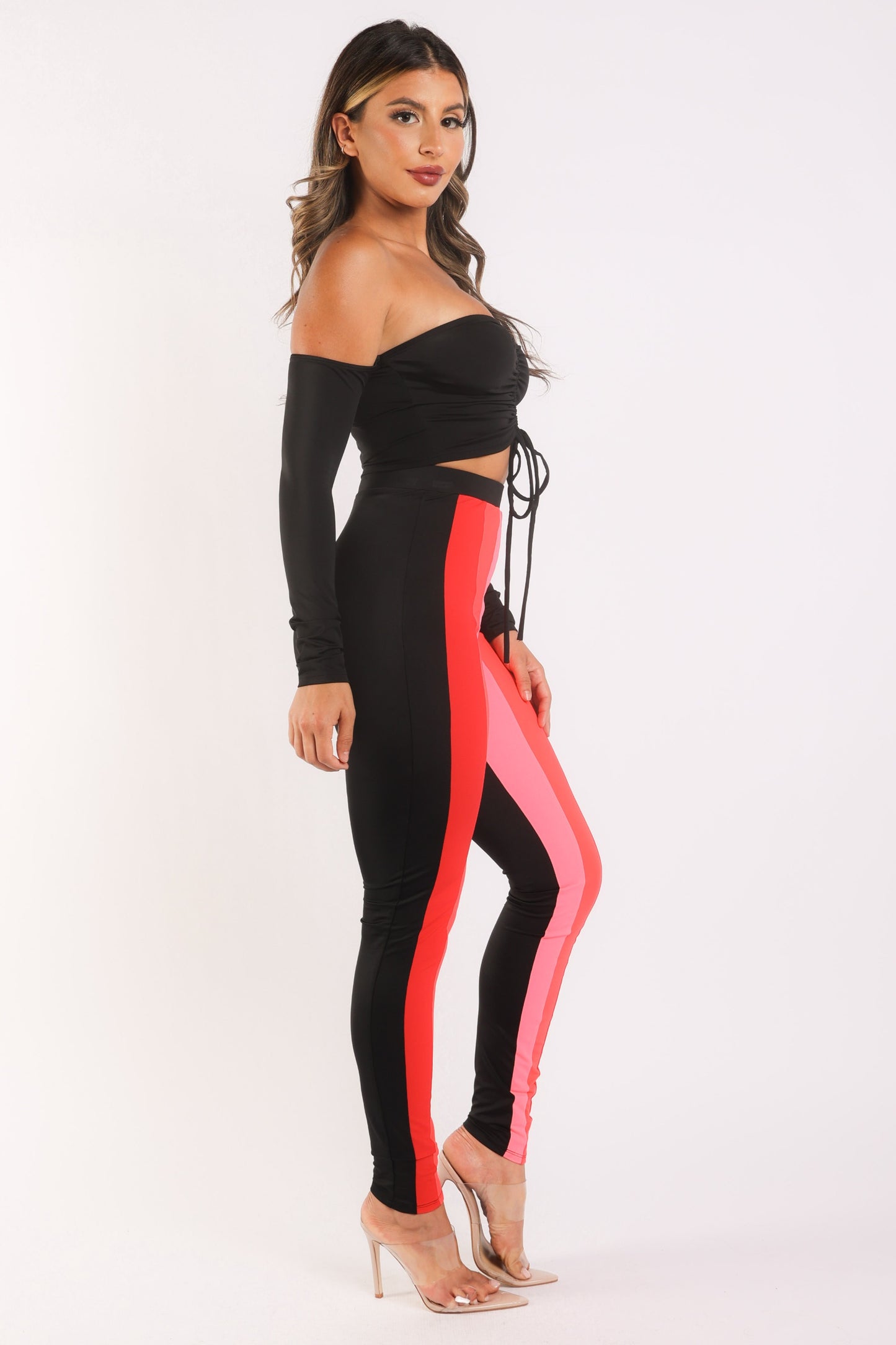 Color blocked leggings and off shoulder top