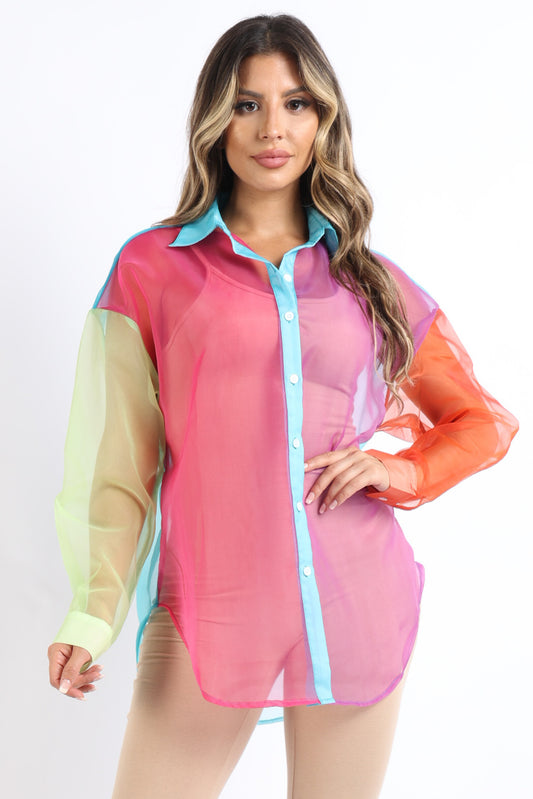 Organza Color Block Collar Shirts Dress