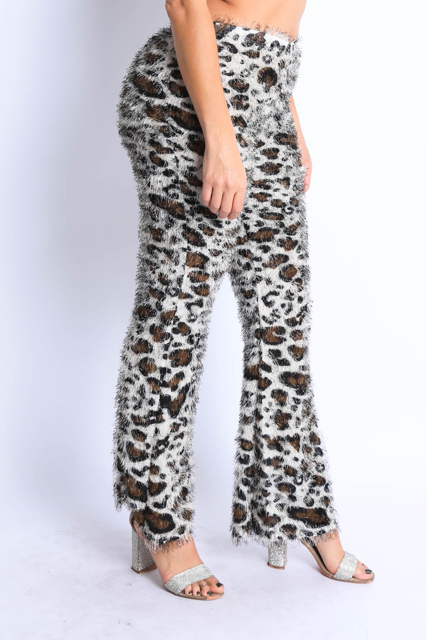 Fur leopard print bell bottom pants