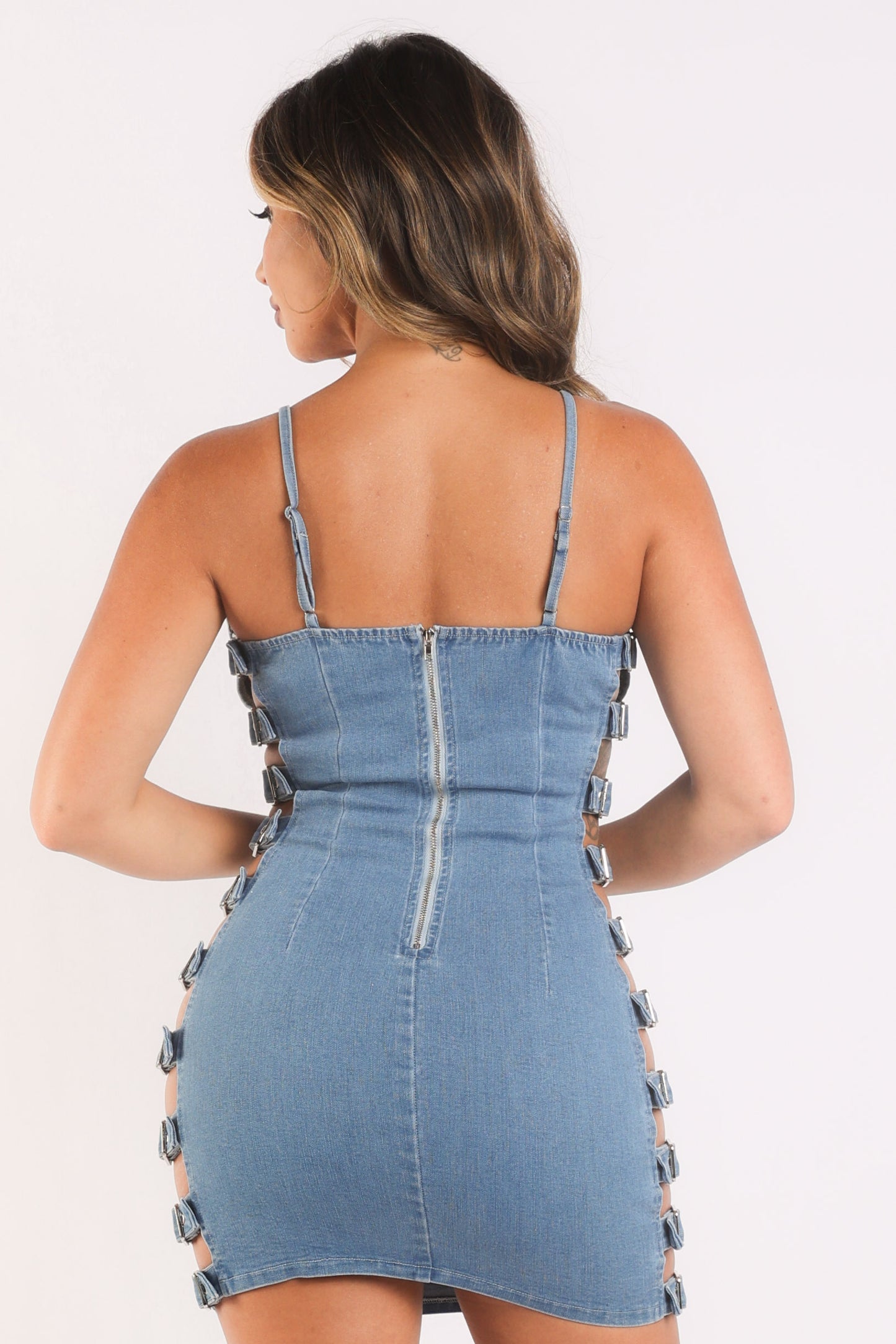 Buckle detailed denim dress