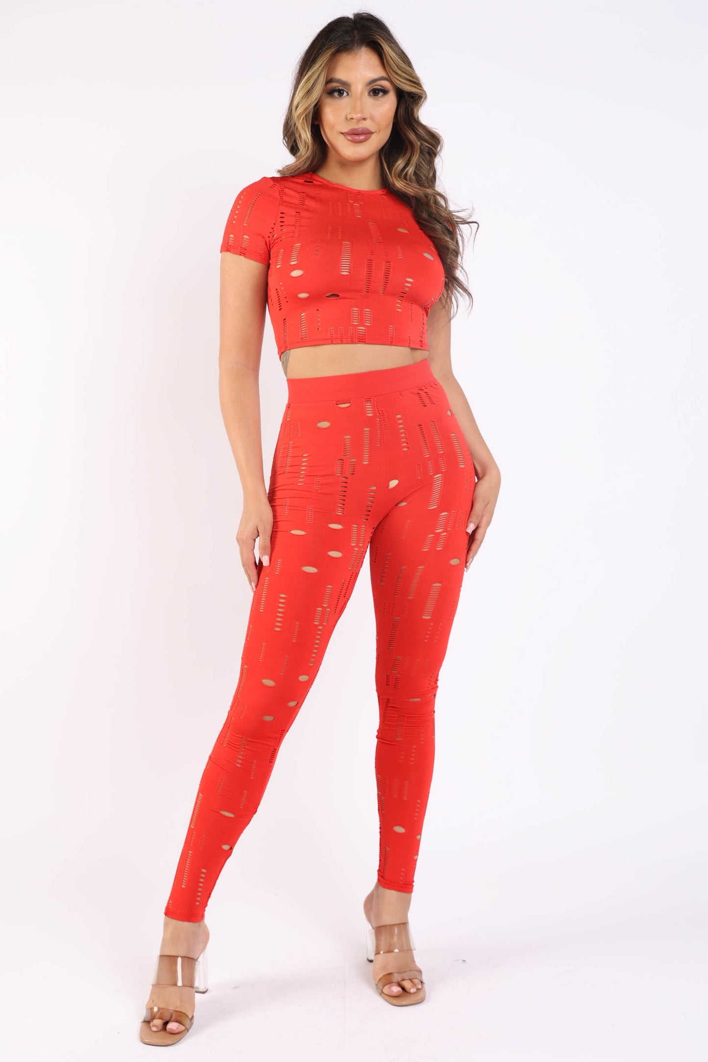 Distressed crop and leggings set