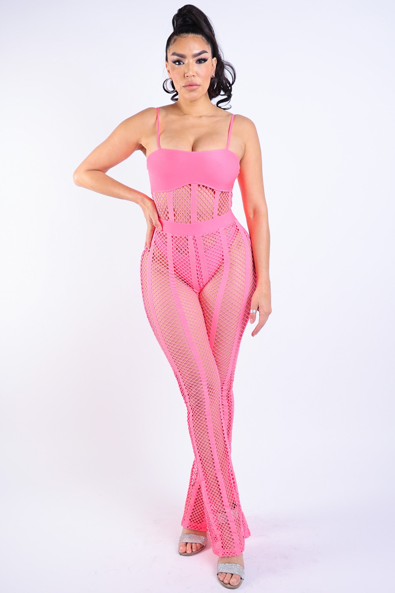 Striped fishnet pant and bodysuit set