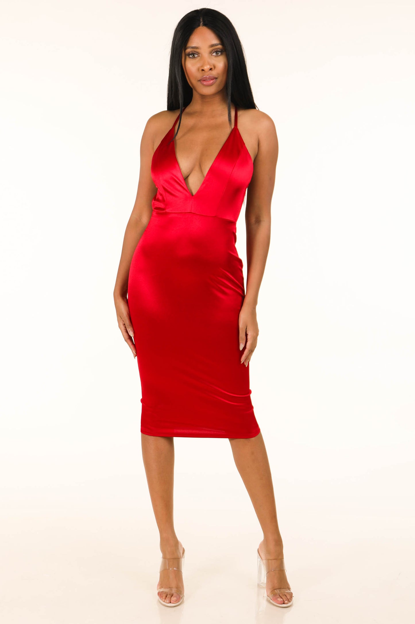 Stretch satin tank midi dress
