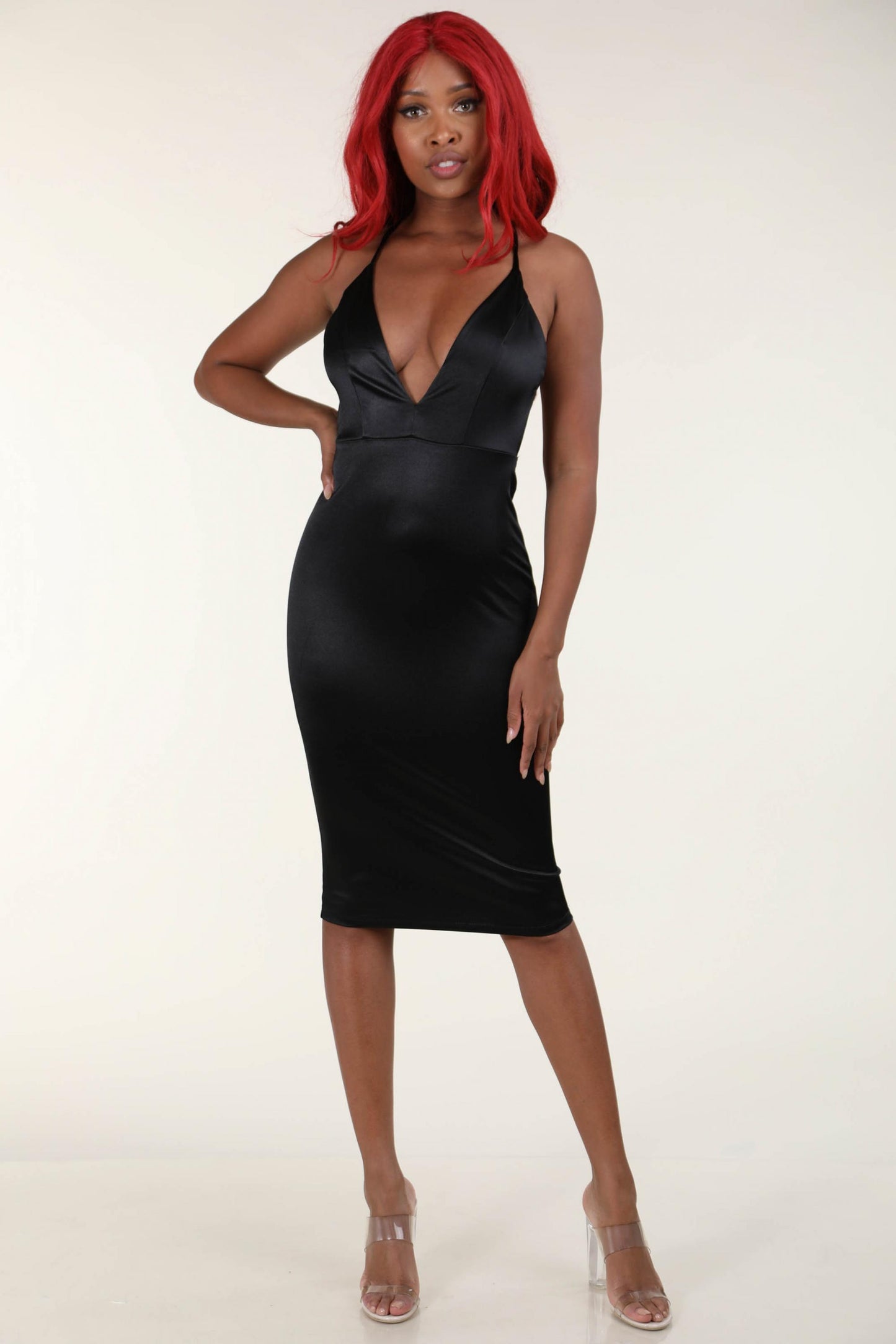 Stretch satin tank midi dress