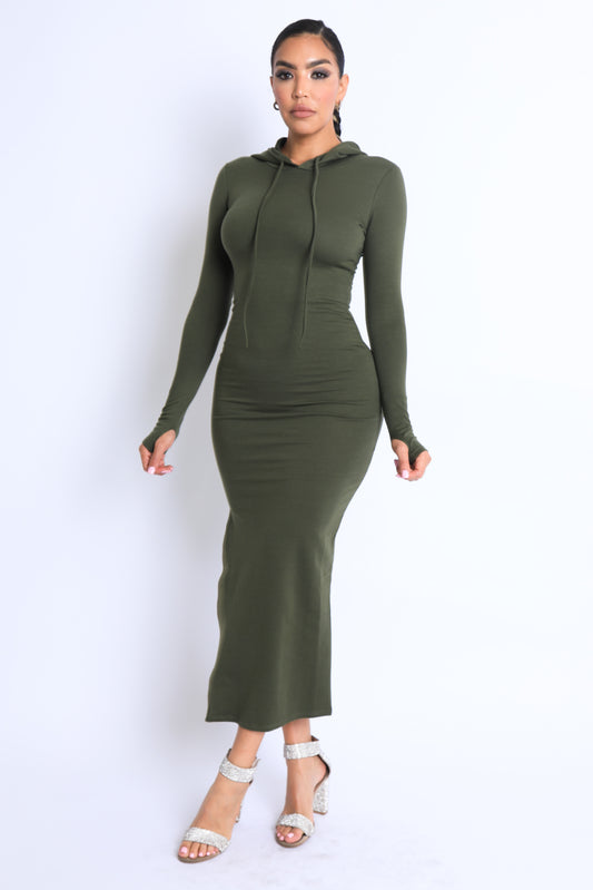 Terry hooded maxi dress with side slit zipper