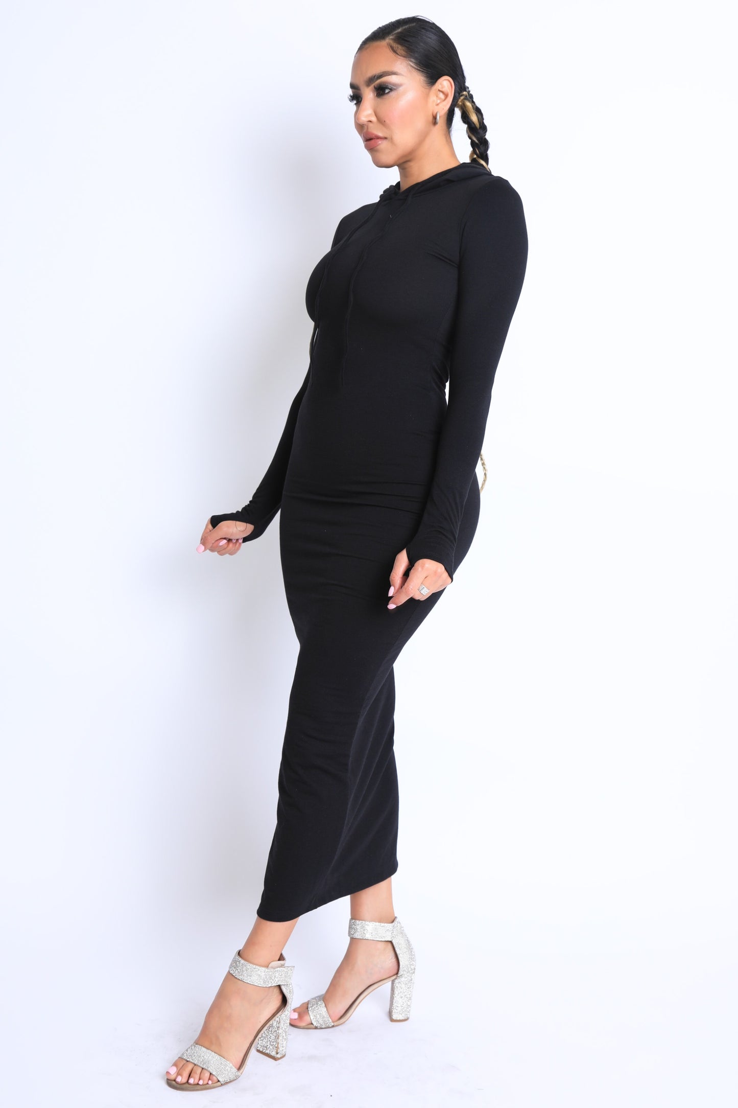Terry hooded maxi dress with side slit zipper