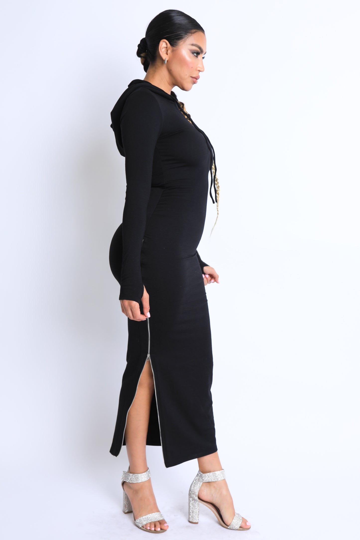 Terry hooded maxi dress with side slit zipper