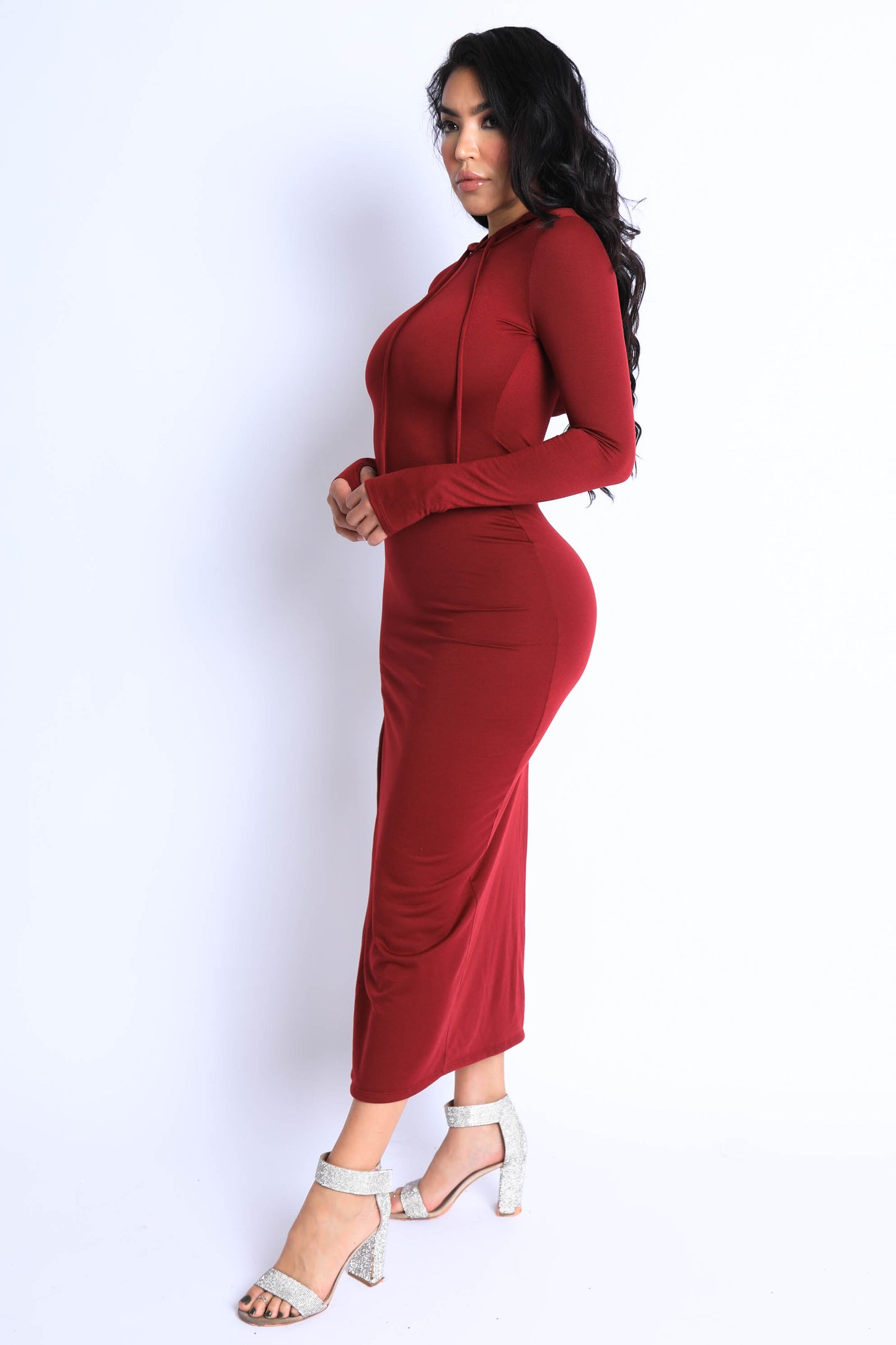 Terry hooded maxi dress with side slit zipper