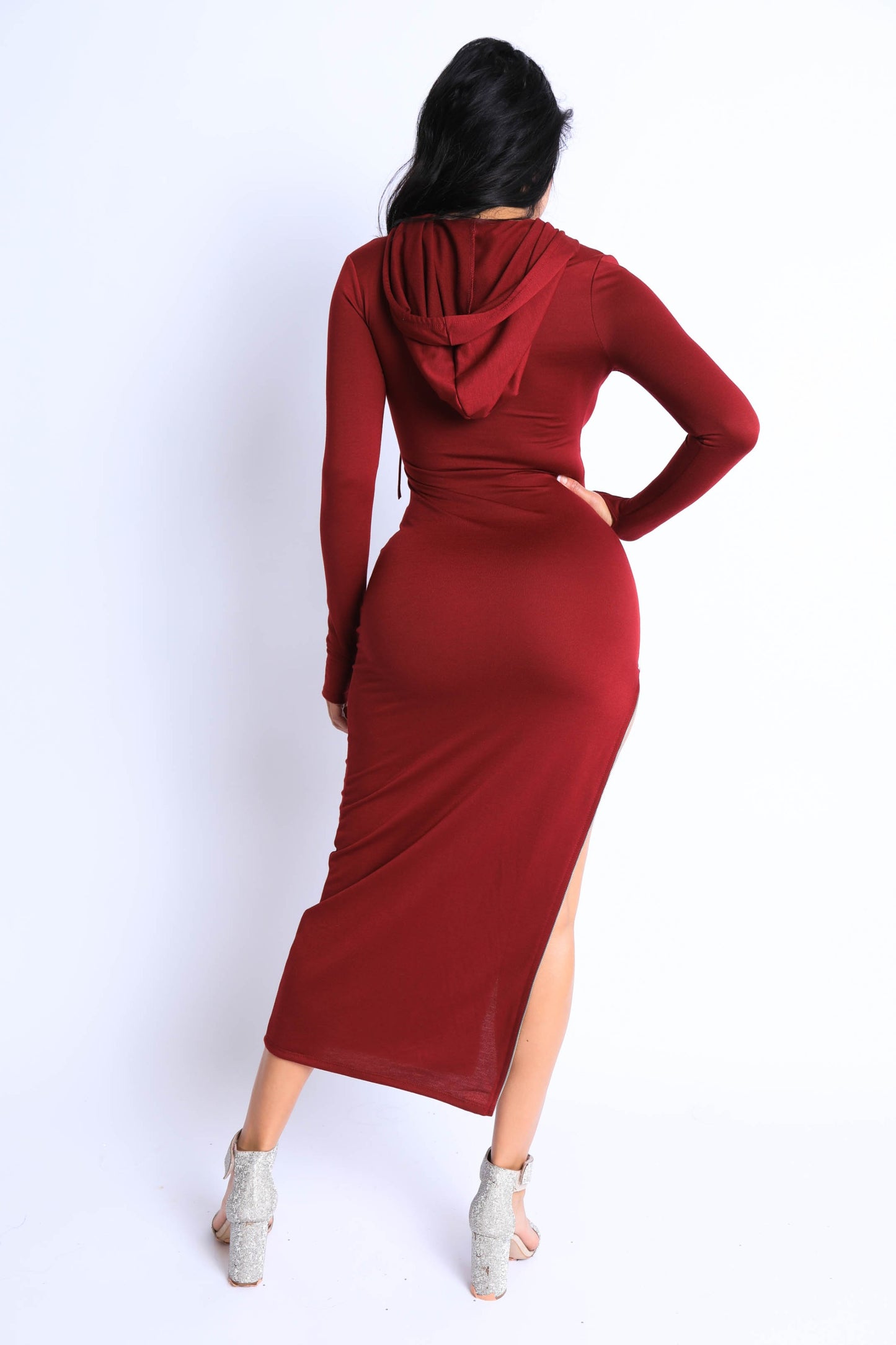 Terry hooded maxi dress with side slit zipper