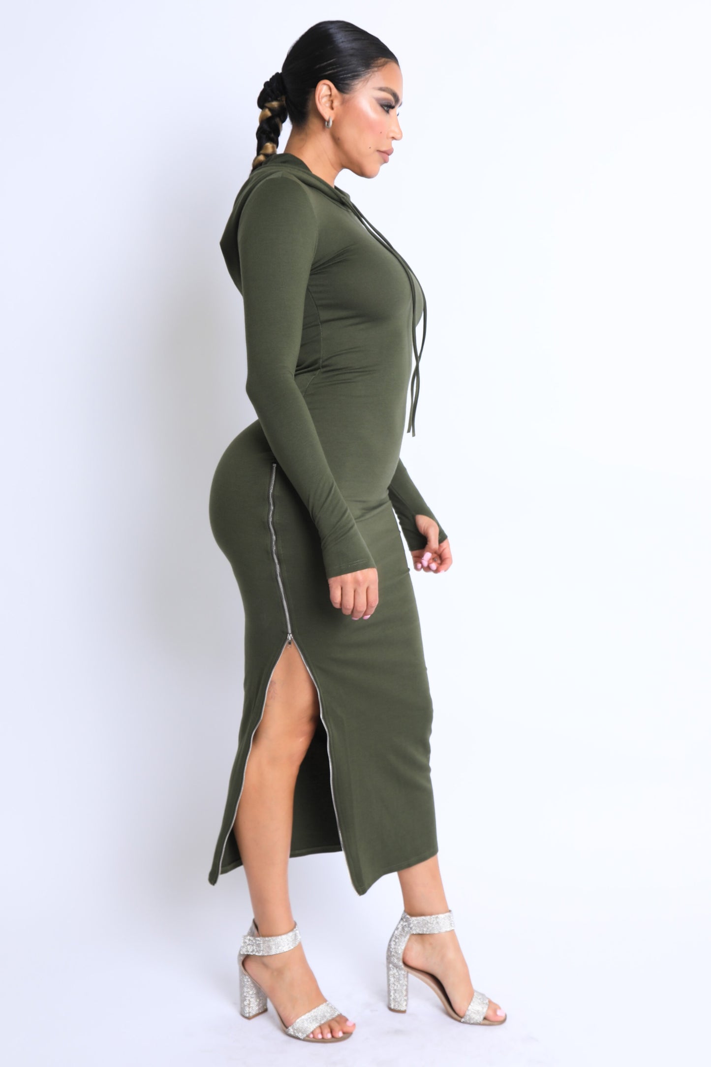 Terry hooded maxi dress with side slit zipper