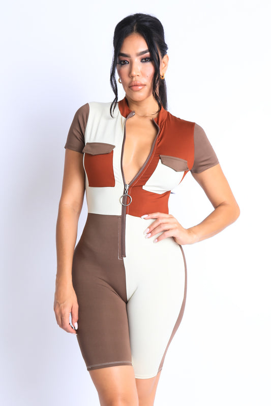 Color Block Pockets Detailed Romper