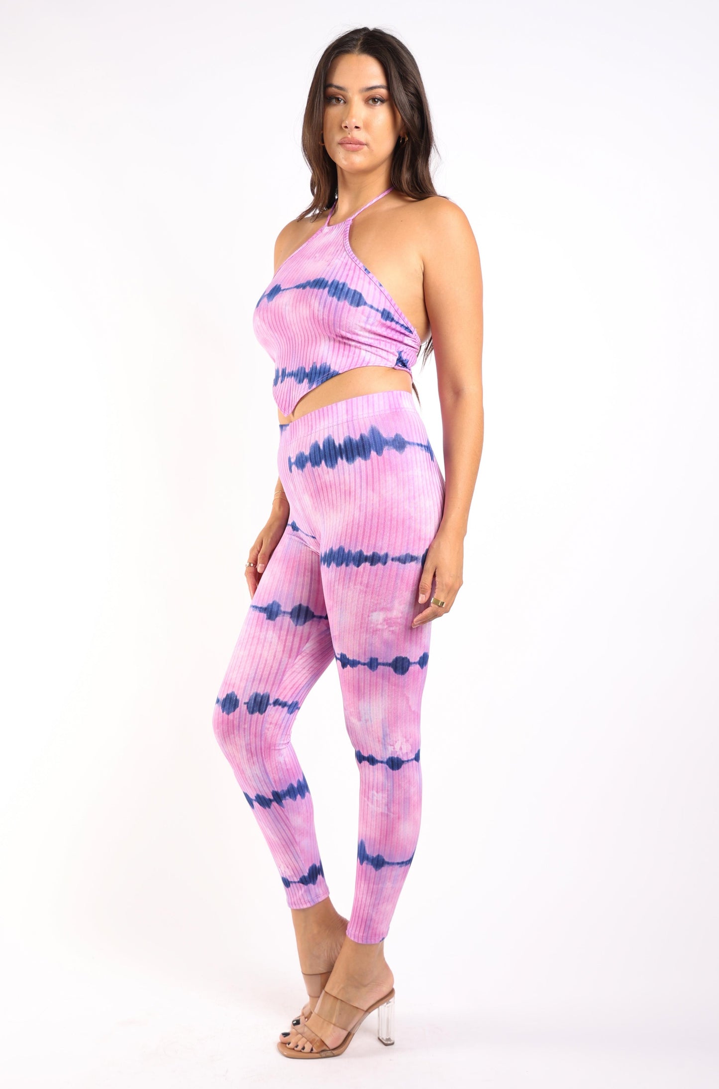 Tie dye printed rib halter top and legging set