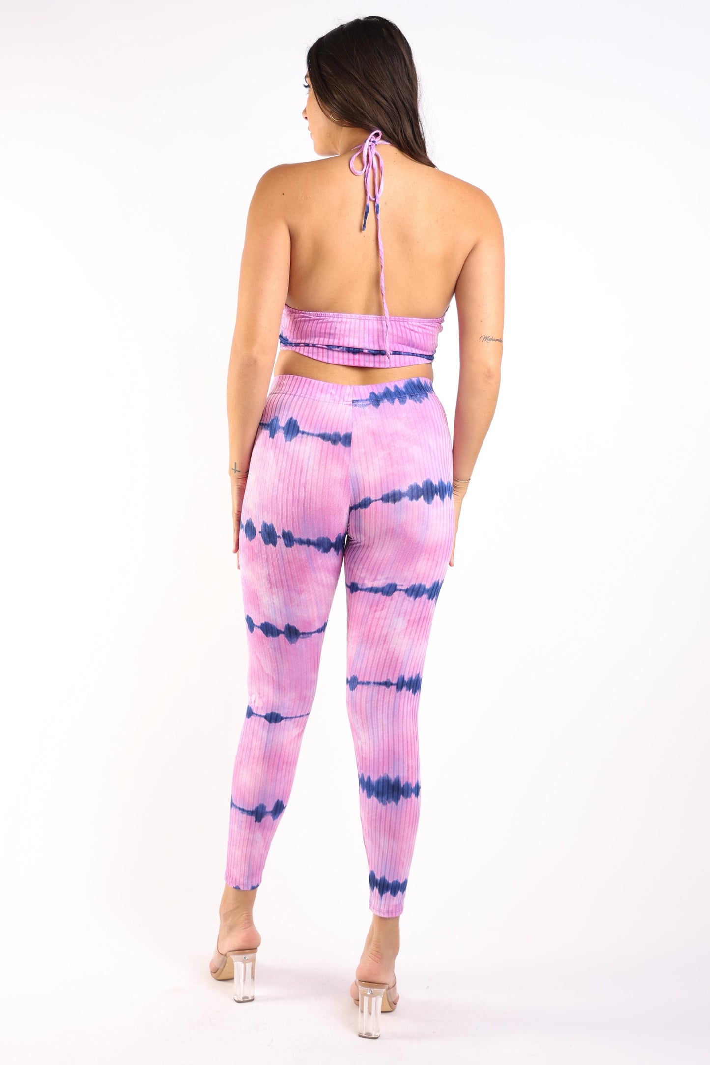 Tie dye printed rib halter top and legging set