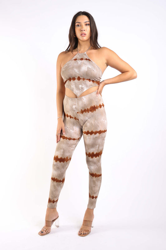 Tie dye printed rib halter top and legging set