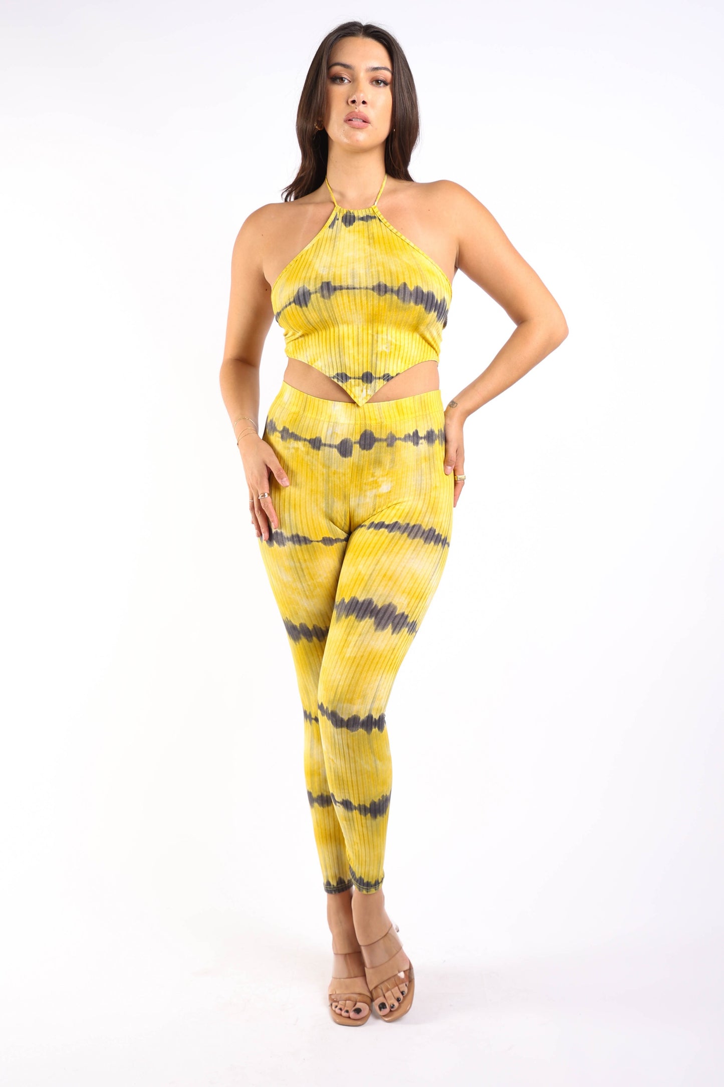 Tie dye printed rib halter top and legging set