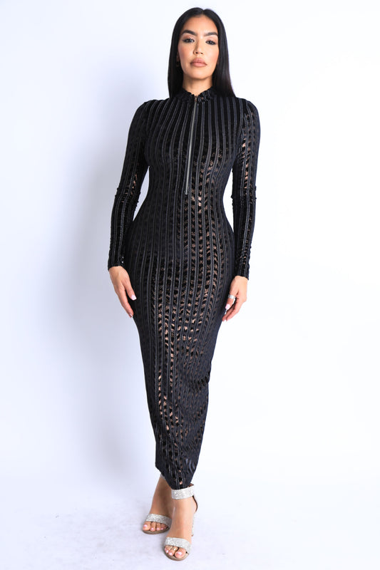 Striped Burn Out Semi Zip-Up Maxi Dress