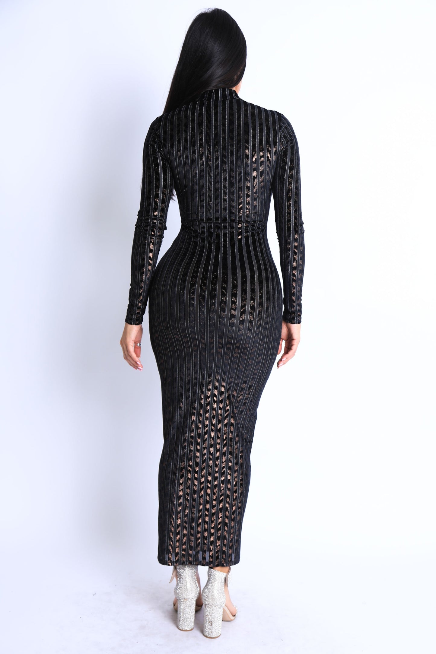 Striped Burn Out Semi Zip-Up Maxi Dress