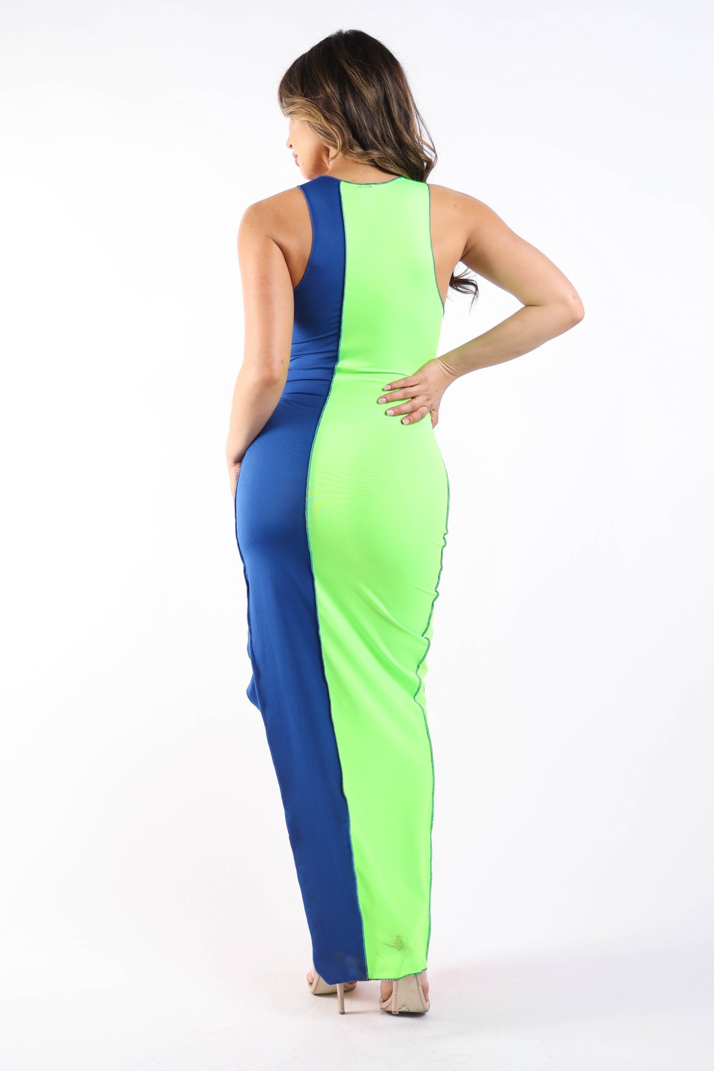 Colorblocked slit detailed maxi dress