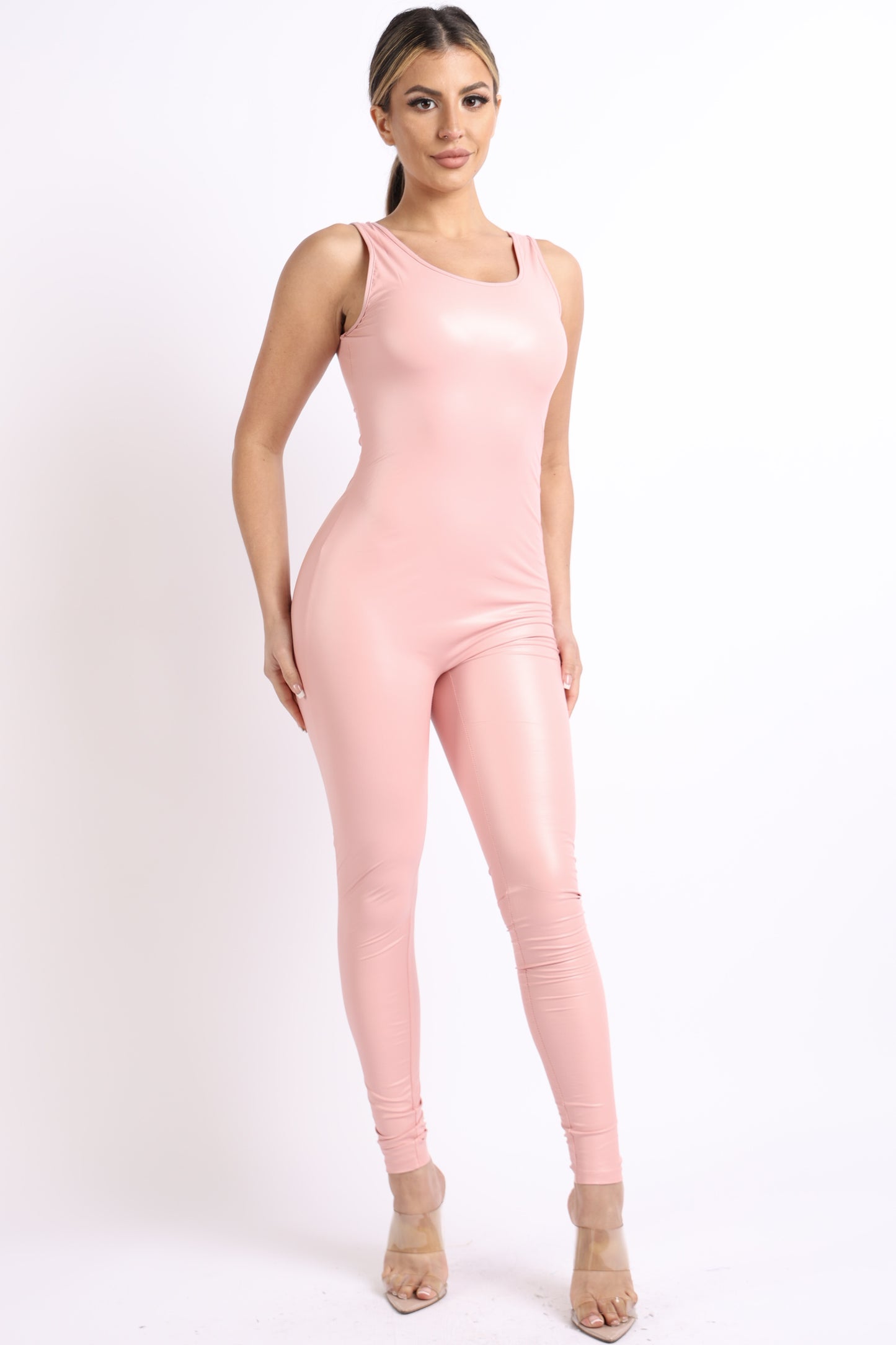pink faux leather bodycon jumpsuit