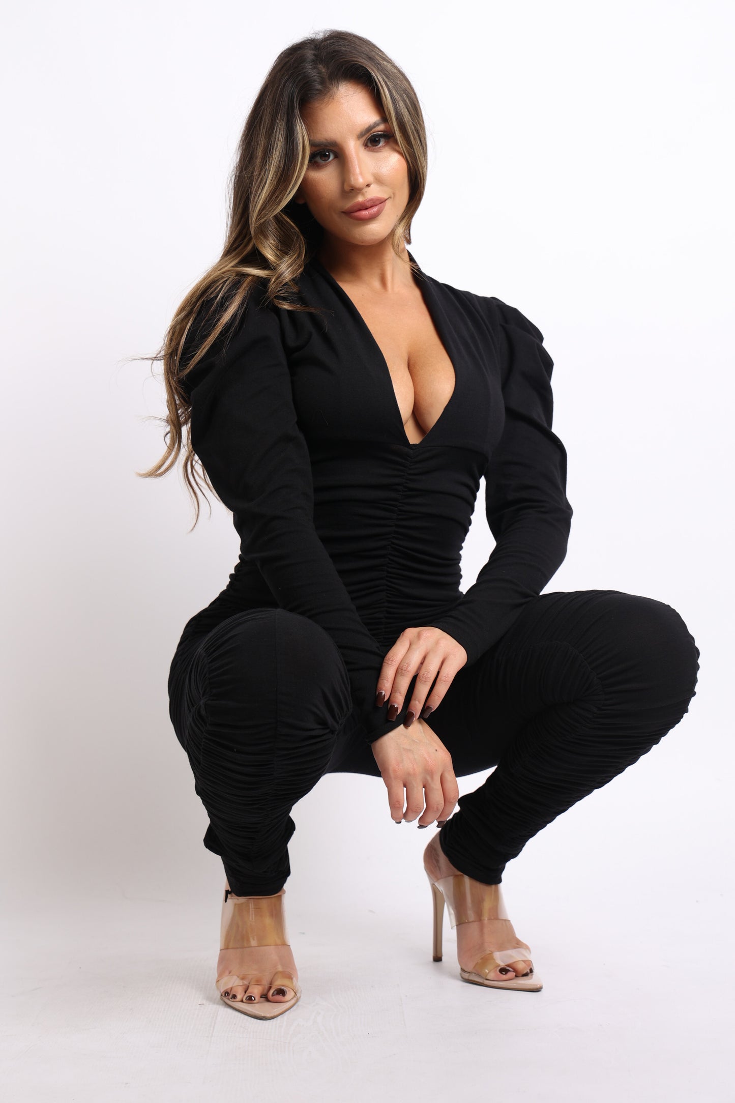 Ruched jumpsuit with power shoulder